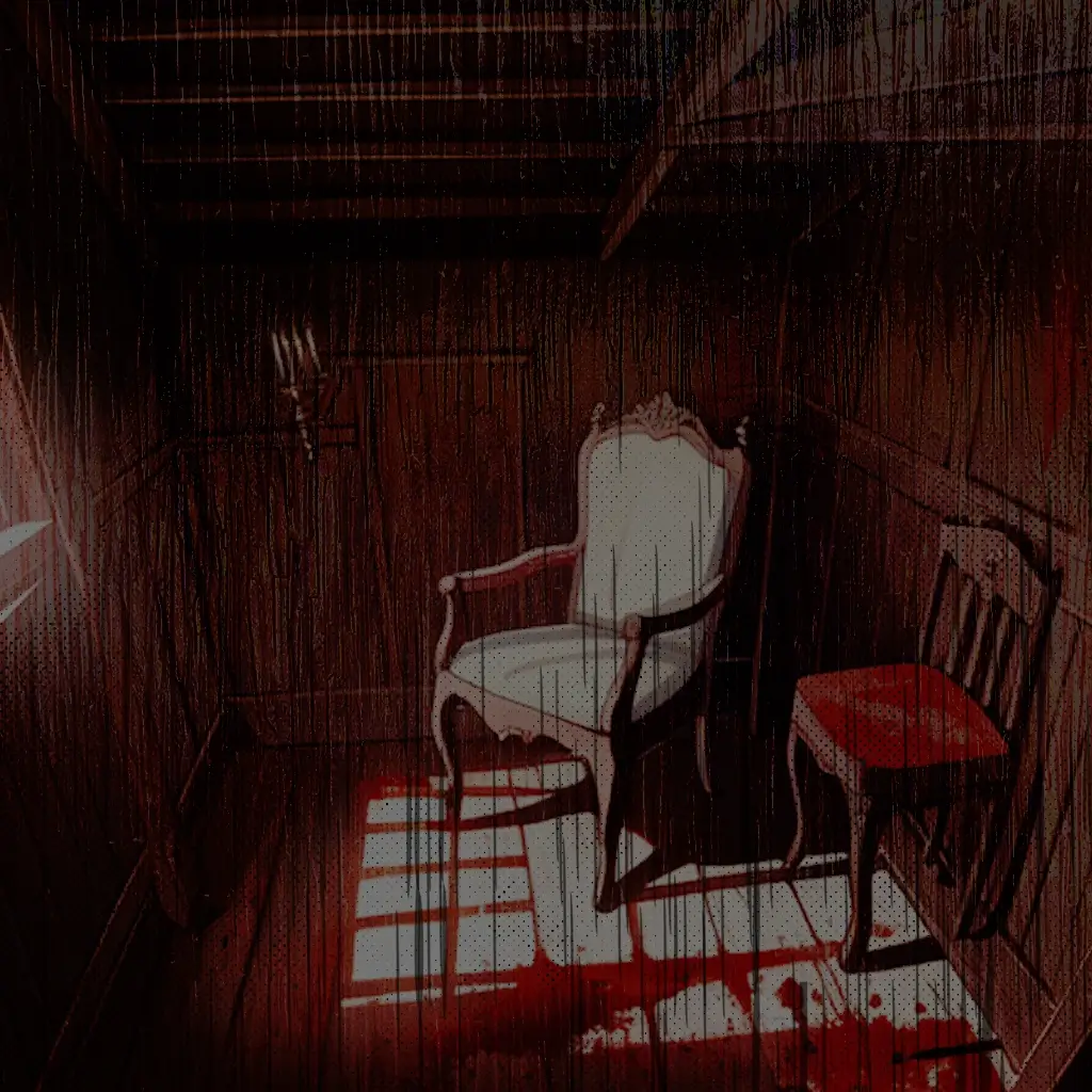 silla en un ático con sangre en el suelo