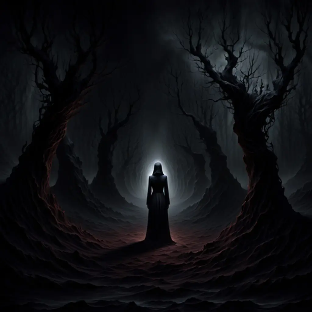 mujer en un bosque oscuro, de espaldas